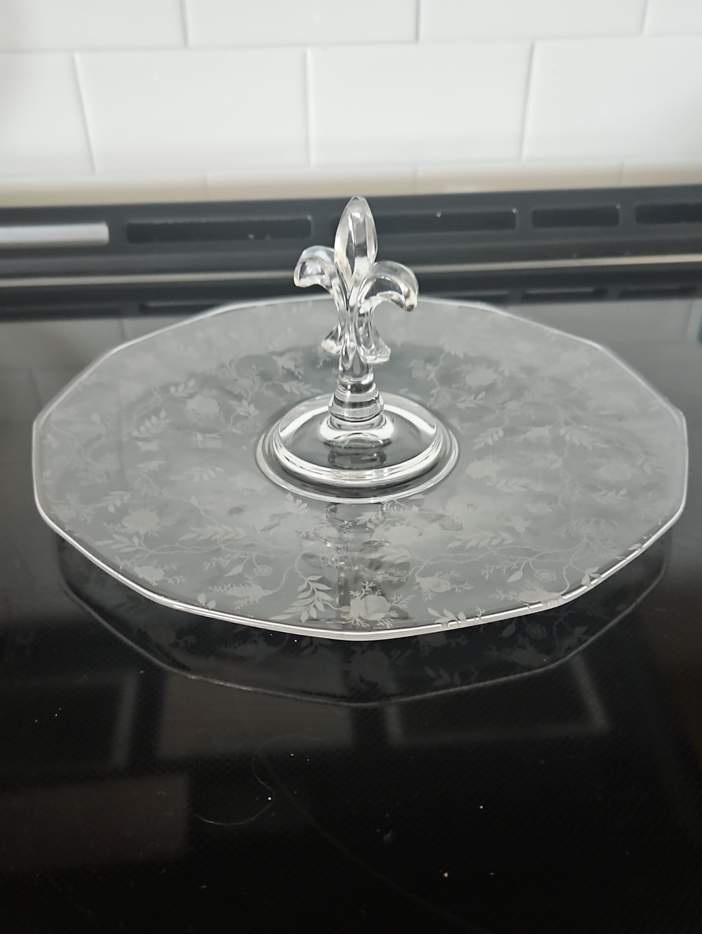 Vintage Fostoria Crystal Serving Tray With Fleur-de-Lis Handle